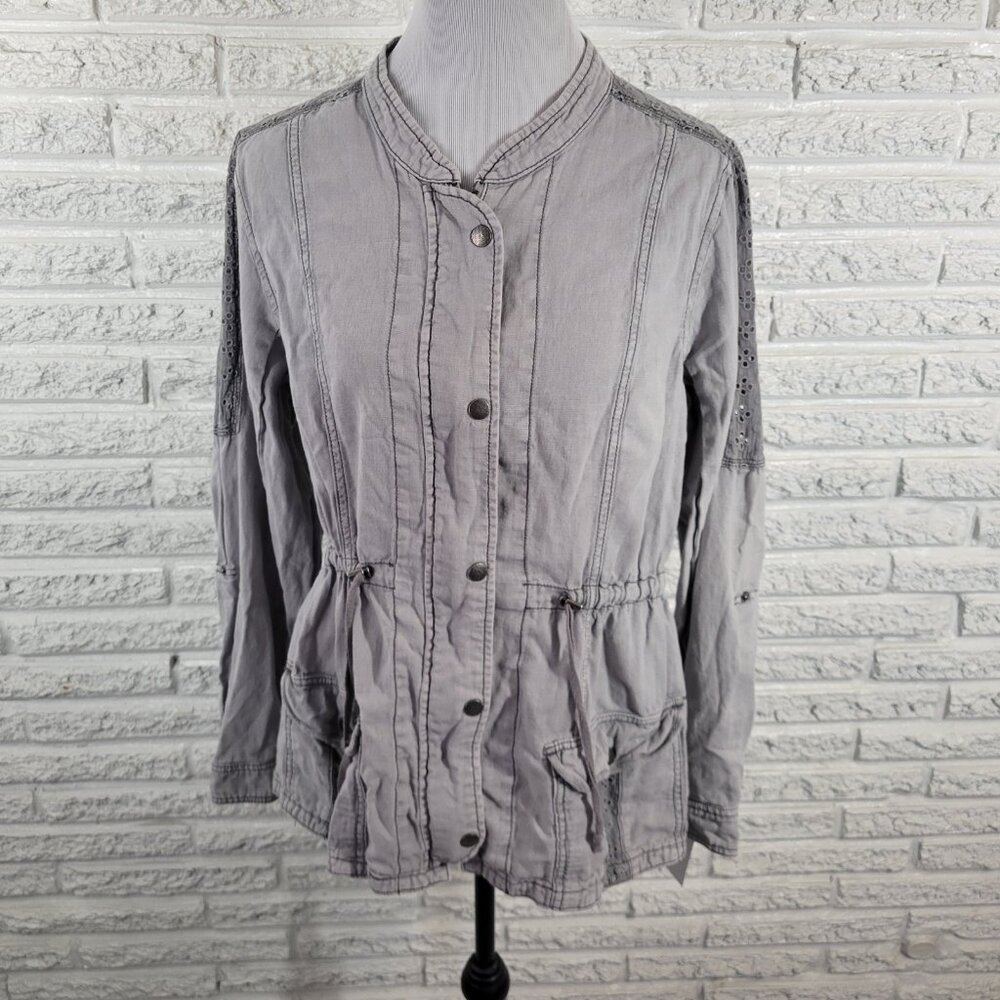 Maurices Womens Jacket XL Gray Linen Cotton Eyelet Zip Snap Up Casual GRA6E